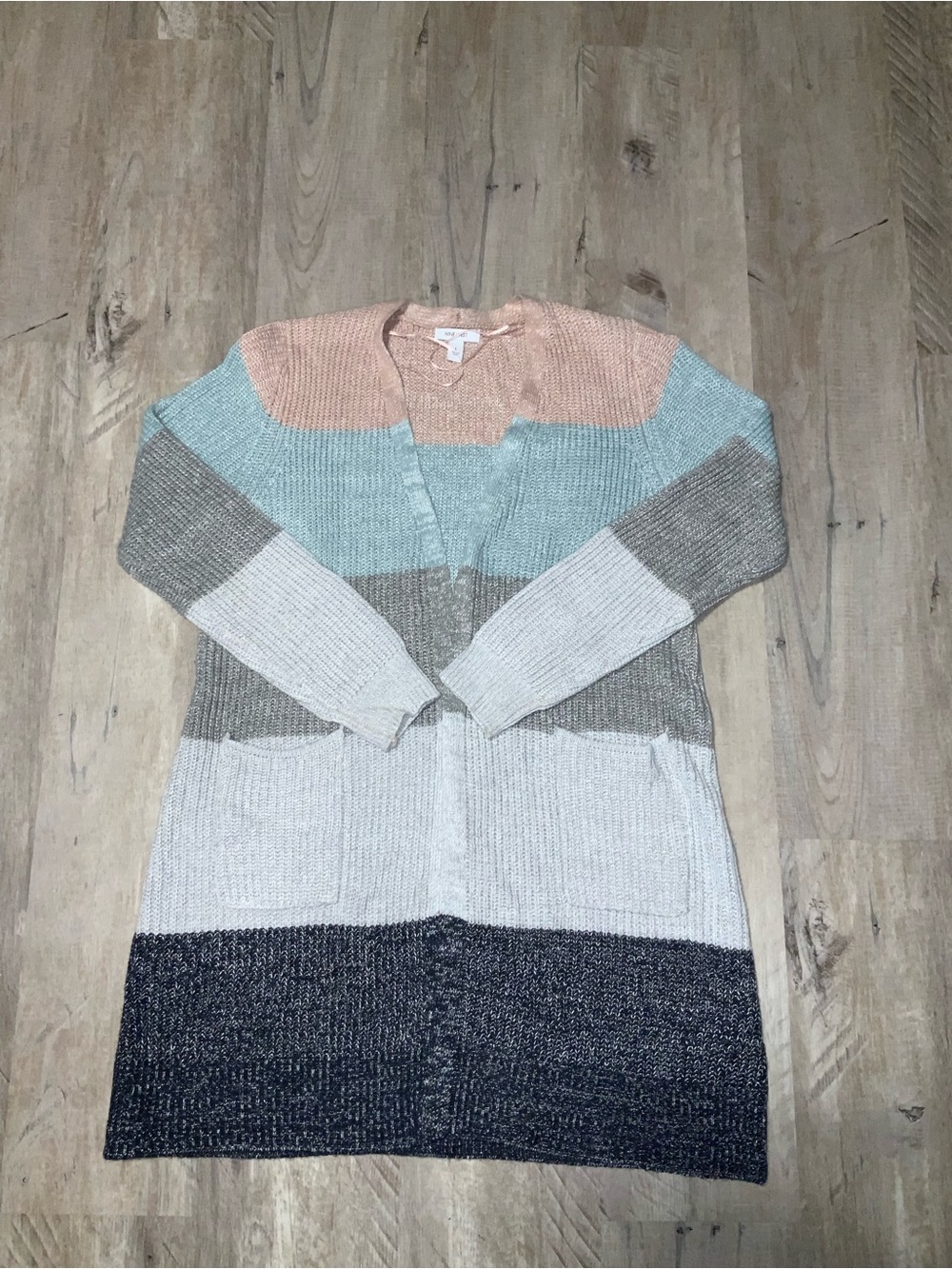 (Bin 20) Nine West, Striped Long Sweater Cardigan in Blush, Mint, Gray, Size L